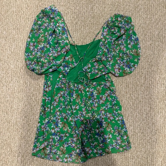 Skylar + Madison Green Japanese Floral Puff Mini Dress with Tie Back - Picture 2 of 3